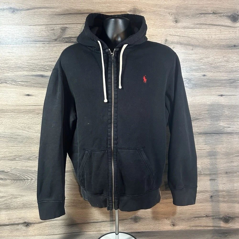 Polo Ralph Lauren Black Zip Up Hoodie Size XL Sweatshirt Jacket Waffle Hood